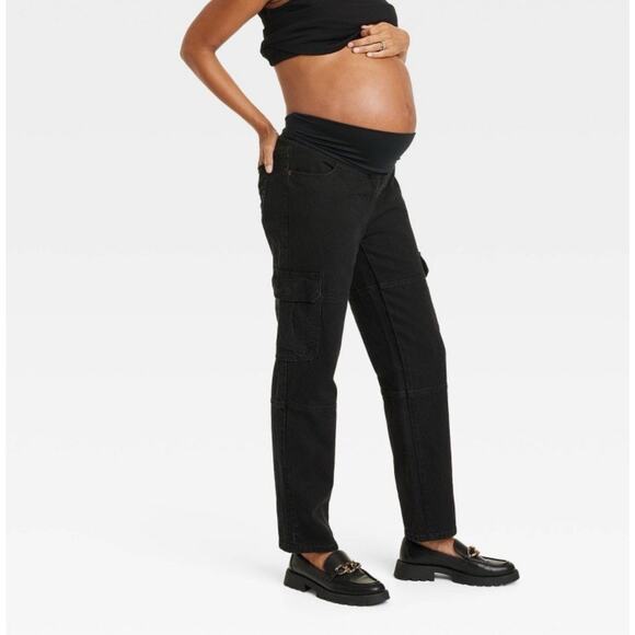 Isabel Maternity Over Belly 90's Straight Cargo Maternity Jeans Black 12 NWT - Picture 3 of 5